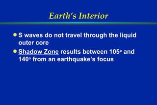 Earth’s Interior S waves do not travel through the liquid outer core Shadow Zone  results between 105 o  and 140 o  from an earthquake’s focus 
