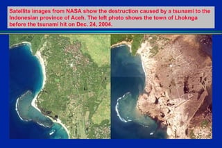Satellite images from NASA show the destruction caused by a tsunami to the Indonesian province of Aceh. The left photo shows the town of Lhoknga before the tsunami hit on Dec. 24, 2004.  