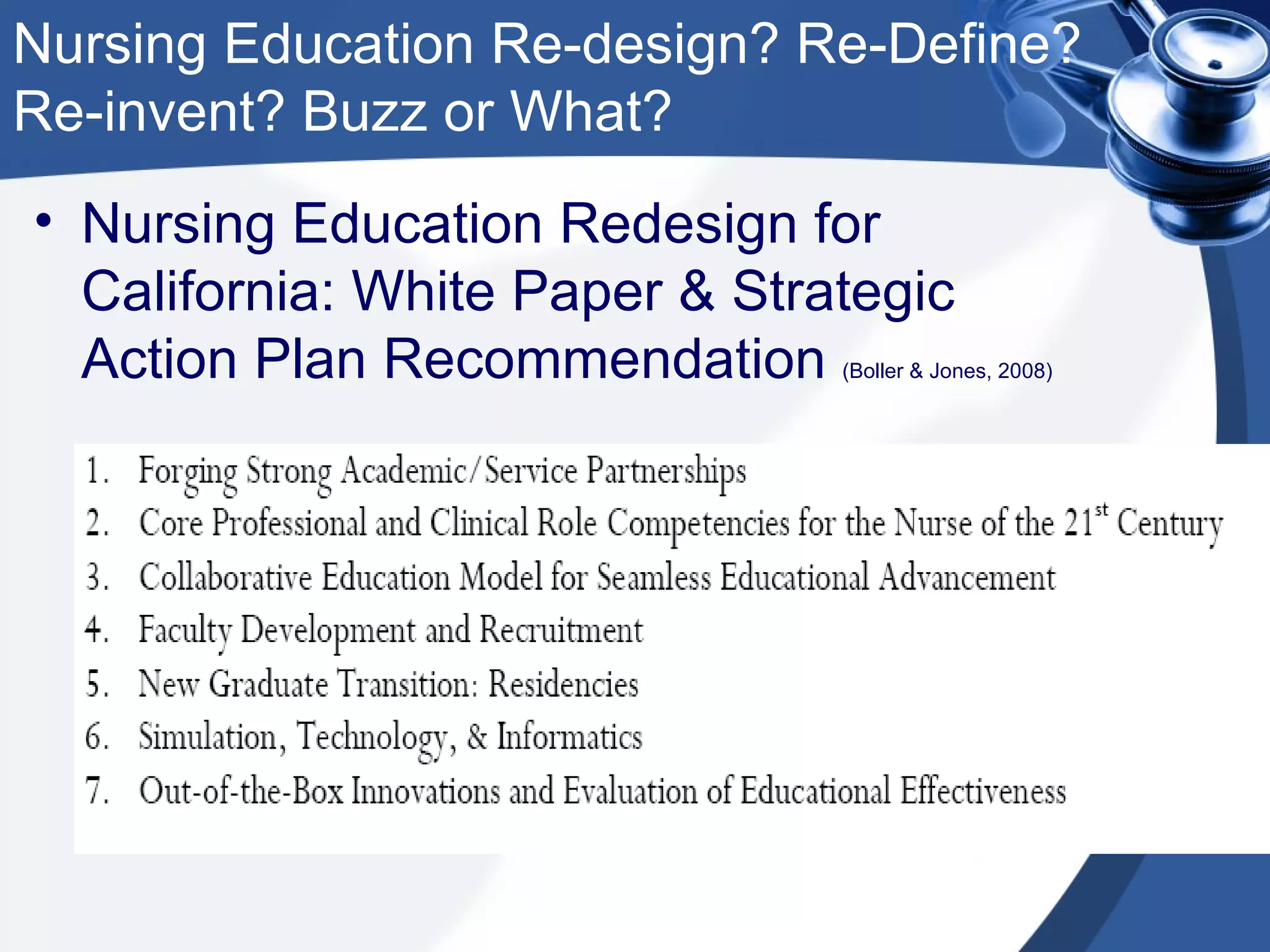 Nursing Education Redesign for California: White Paper & Strategic Action Plan Recommendation  (Boller & Jones, 2008) Nursing Education Re-design? Re-Define? Re-invent? Buzz or What? 