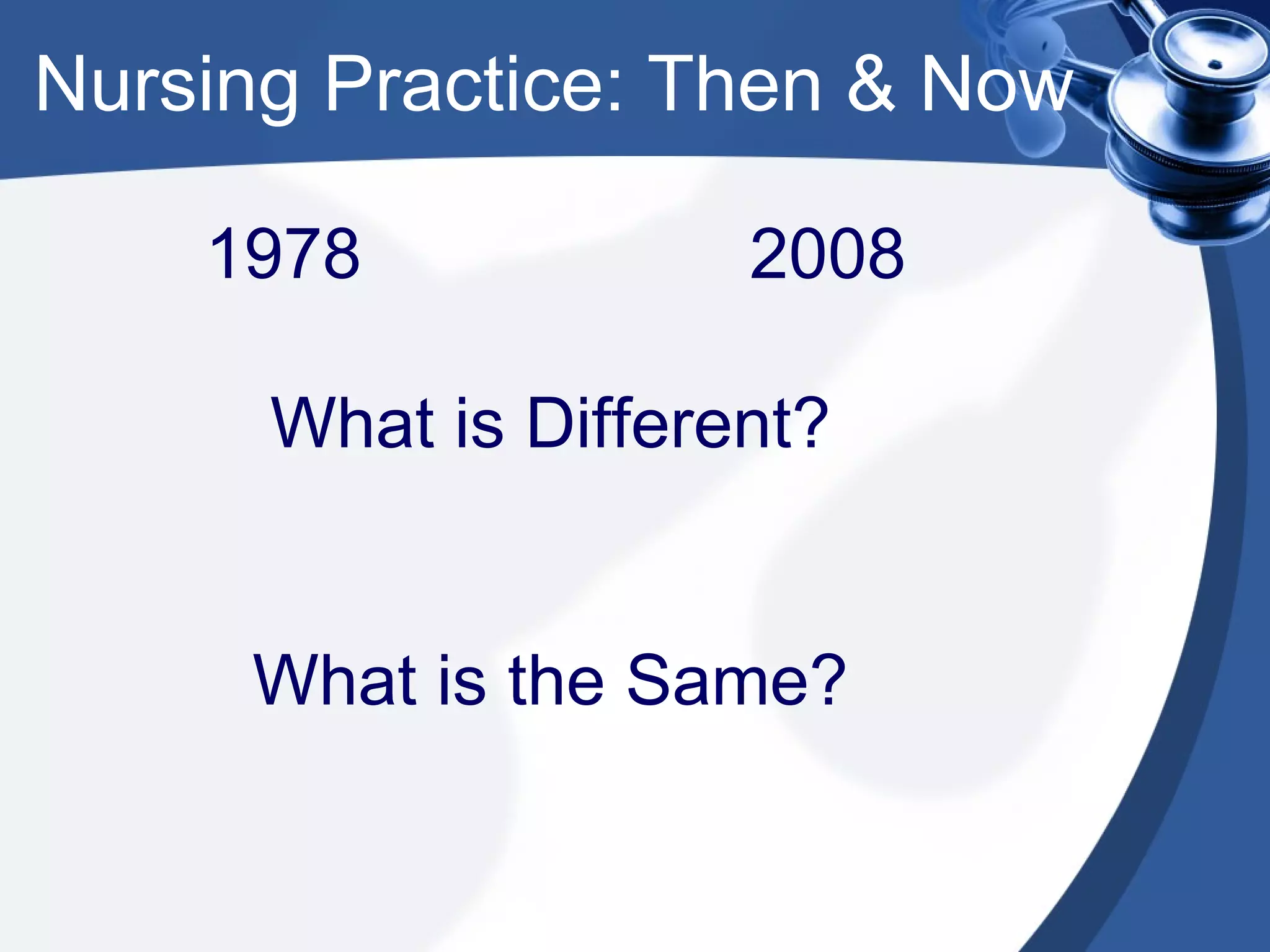 Nursing Practice: Then & Now 1978 2008 What is Different? What is the Same? 