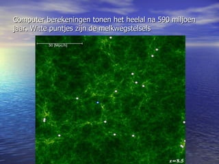 Computer berekeningen tonen het heelal na 590 miljoen jaar. Witte puntjes zijn de melkwegstelsels 