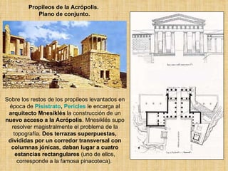 Propileos de la Acrópolis.  Plano de conjunto. Sobre los restos de los propíleos levantados en época de  Pisístrato ,  Pericles  le encarga al  arquitecto Mnesiklés  la construcción de un  nuevo acceso a la Acrópolis . Mnesiklés supo resolver magistralmente el problema de la topografía.  Dos terrazas superpuestas, divididas por un corredor transversal con columnas jónicas, daban lugar a cuatro estancias rectangulares  (uno de ellos, corresponde a la famosa pinacoteca).  