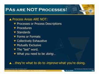 PAs are NOT Processes!PAs are NOT Processes!
Process Areas ARE NOT:
Processes or Process DescriptionsProcesses or Process ...