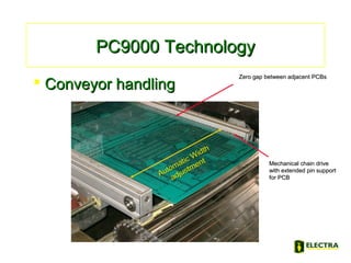 PC9000 TechnologyPC9000 Technology
 Conveyor handlingConveyor handling
Automatic Width
Automatic Width
adjustment
adjustment Mechanical chain driveMechanical chain drive
with extended pin supportwith extended pin support
for PCBfor PCB
Zero gap between adjacent PCBsZero gap between adjacent PCBs
 