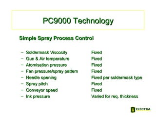 PC9000 TechnologyPC9000 Technology
Simple Spray Process ControlSimple Spray Process Control
– Soldermask ViscositySoldermask Viscosity FixedFixed
– Gun & Air temperatureGun & Air temperature FixedFixed
– Atomisation pressureAtomisation pressure FixedFixed
– Fan pressure/spray patternFan pressure/spray pattern FixedFixed
– Needle openingNeedle opening Fixed per soldermask typeFixed per soldermask type
– Spray pitchSpray pitch FixedFixed
– Conveyor speedConveyor speed FixedFixed
– Ink pressureInk pressure Varied for req. thicknessVaried for req. thickness
 