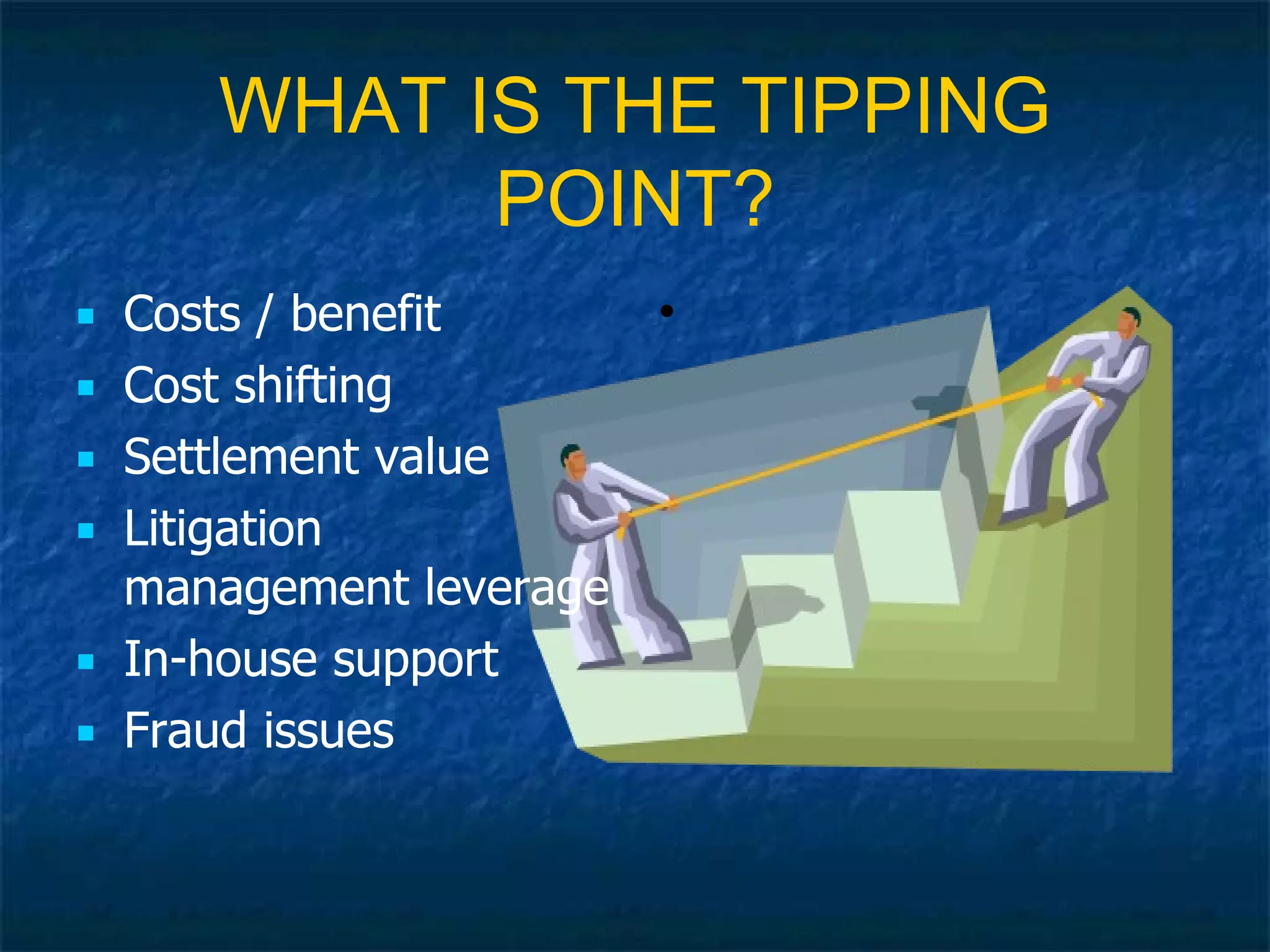 WHAT IS THE TIPPING POINT? Costs / benefit Cost shifting Settlement value Litigation management leverage In-house support Fraud issues 