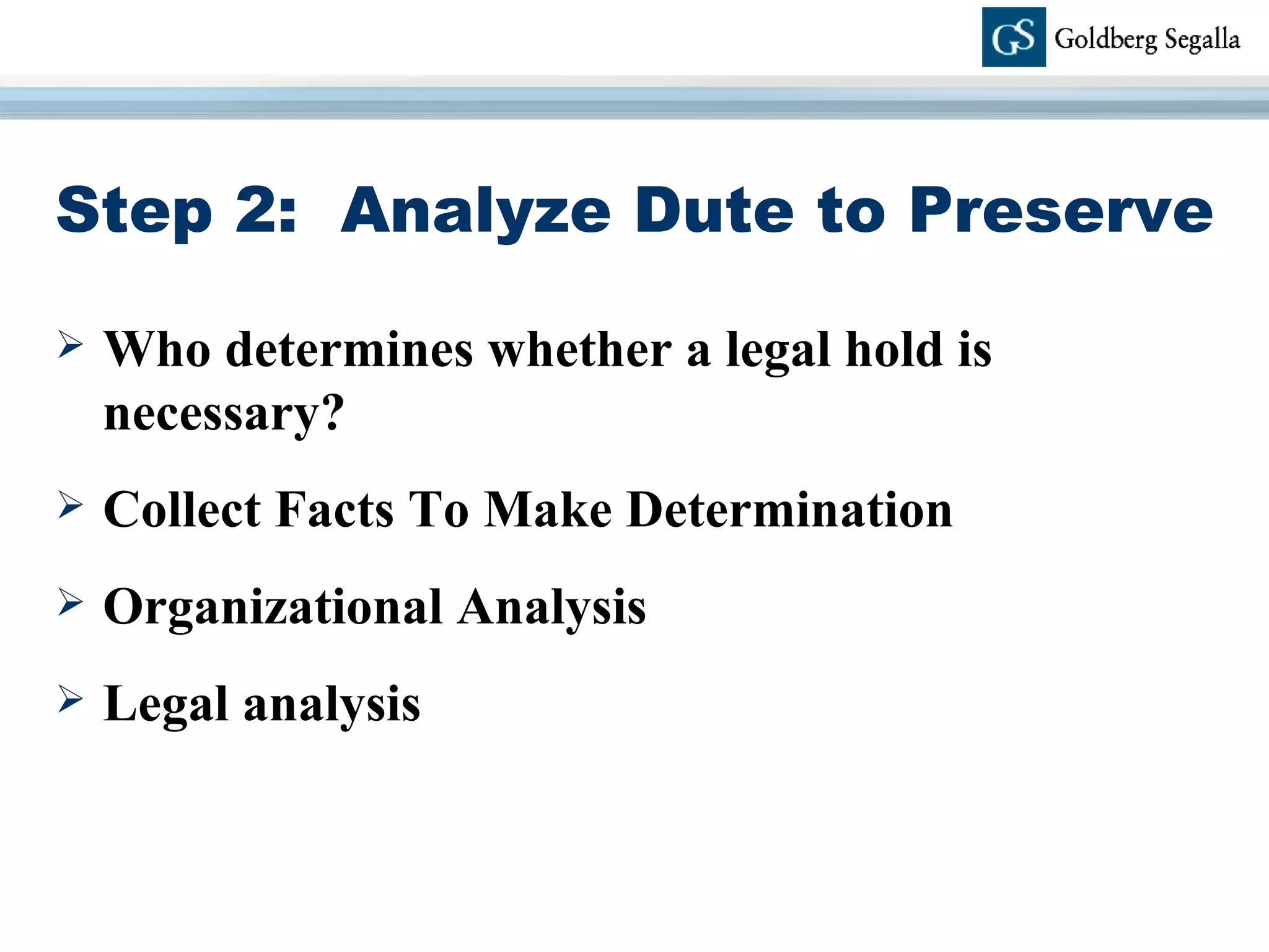 Step 2:  Analyze Dute to Preserve Who determines whether a legal hold is necessary?  Collect Facts To Make Determination  Organizational Analysis  Legal analysis  