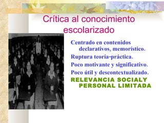 Crítica al conocimiento escolarizado Centrado en contenidos declarativos, memorístico. Ruptura teoría-práctica. Poco motivante y significativo. Poco útil y descontextualizado. RELEVANCIA SOCIALY PERSONAL LIMITADA 