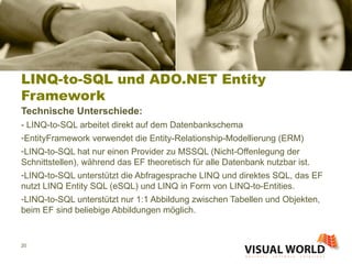 LINQ-to-SQL und ADO.NET Entity Framework Technische Unterschiede: - LINQ-to-SQL arbeitet direkt auf dem Datenbankschema EntityFramework verwendet die Entity-Relationship-Modellierung (ERM) LINQ-to-SQL hat nur einen Provider zu MSSQL (Nicht-Offenlegung der Schnittstellen), während das EF theoretisch für alle Datenbank nutzbar ist. LINQ-to-SQL unterstützt die Abfragesprache LINQ und direktes SQL, das EF nutzt LINQ Entity SQL (eSQL) und LINQ in Form von LINQ-to-Entities. LINQ-to-SQL unterstützt nur 1:1 Abbildung zwischen Tabellen und Objekten, beim EF sind beliebige Abbildungen möglich. 