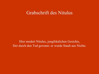 Grabschrift des Nitulus Hier modert Nitulus, jungfräulichen Gesichts, Der durch den Tod gewann: er wurde Staub aus Nichts. 