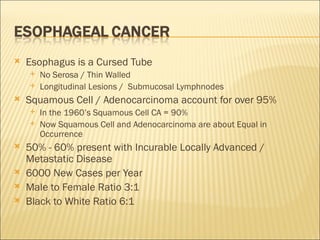 Esophagus is a Cursed Tube No Serosa / Thin Walled Longitudinal Lesions /  Submucosal Lymphnodes Squamous Cell / Adenocarcinoma account for over 95%  In the 1960’s Squamous Cell CA = 90% Now Squamous Cell and Adenocarcinoma are about Equal in Occurrence  50% - 60% present with Incurable Locally Advanced / Metastatic Disease 6000 New Cases per Year Male to Female Ratio 3:1 Black to White Ratio 6:1 