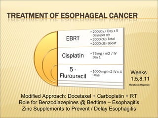 Weeks 1,5,8,11 Modified Approach: Docetaxel + Carboplatin + RT Role for Benzodiazepines @ Bedtime – Esophagitis Zinc Supplements to Prevent / Delay Esophagitis Herskovic Regimen 