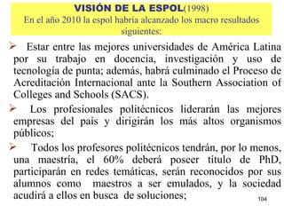 VISIÓN DE LA ESPOL (1998) En el año 2010 la espol habría alcanzado los macro resultados siguientes:     Estar entre las mejores universidades de América Latina por su trabajo en docencia, investigación y uso de tecnología de punta; además, habrá culminado el Proceso de Acreditación Internacional ante la Southern Association of Colleges and Schools (SACS).     Los profesionales politécnicos liderarán las mejores empresas del país y dirigirán los más altos organismos públicos;       Todos los profesores politécnicos tendrán, por lo menos, una maestría, el 60% deberá poseer título de PhD, participarán en redes temáticas, serán reconocidos por sus alumnos como  maestros a ser emulados, y la sociedad acudirá a ellos en busca  de soluciones; 
