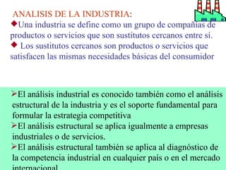 ANALISIS DE LA INDUSTRIA : Una industria se define como un grupo de compañías de productos o servicios que son sustitutos cercanos entre sí.  Los sustitutos cercanos son productos o servicios que satisfacen las mismas necesidades básicas del consumidor   El análisis industrial es conocido también como el análisis estructural de la industria y es el soporte fundamental para formular la estrategia competitiva El análisis estructural se aplica igualmente a empresas industriales o de servicios. El análisis estructural también se aplica al diagnóstico de la competencia industrial en cualquier país o en el mercado internacional. 