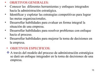 OBJETIVOS GENERALES: Conocer las  diferentes herramientas y enfoques integrados hacia la administración estratégica. Identificar y explotar las estrategias competitivas para lograr las metas organizacionales. Desarrollar habilidades para evaluar en forma integral la situación de una empresa. Desarrollar habilidades para resolver problemas con enfoque hacia el proceso. Desarrollar habilidades para mejorar la toma de decisiones en la empresa. OBJETIVOS ESPECIFICOS: A través del modelo del proceso de administración estratégica se dará un enfoque integrador en la toma de decisiones de una empresa. 