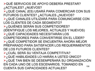 QUÉ SERVICIOS DE APOYO DEBERÍA PRESTAR? ¿ACTUALES? ¿NUEVOS? ¿QUÉ CANAL (ES) USARÁ PARA COMERCIAR CON SUS FUTUROS CLIENTES? ¿ACTUALES ¿NUEVOS? ¿QUÉ CANALES UTILIZARÁ PARA COMUNICARSE CON LOS CLIENTES DE CADA SEGMENTO? ¿QUIÉNES SERÁN SUS COMPETIDORES?  (IDENTIFIQUE LOS MEJORES, ACTUALES Y NUEVOS) ¿QUÉ CAPACIDADES NECESITARÁN LOS COMPETIDORES PARA CONVERTIRSE EN EL LÍDER? ¿QUÉ COMPETIDOR SE ENCUENTRA AHORA MEJOR PREPARADO PARA SATISFACER LOS REQUERIMIENTOS DE LOS FUTUROS CLIENTES? ¿CUÁL SERÁ SU VENTAJA COMPETITIVA? ¿QUÉ HABILIDADES LO HARÁN A USTED ÚNICO? ¿QUÉ TAN BIEN SE DESEMPEÑARÁ SU ORGANIZACIÓN EN CADA UNO DE LOS ESCENARIOS, TOMANDO EN CUENTA SUS CAPACIDADES ACTUALES?   