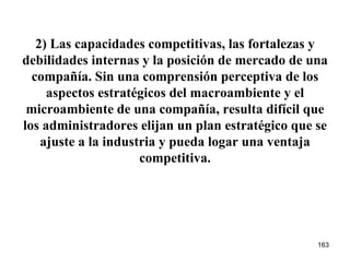2) Las capacidades competitivas, las fortalezas y debilidades internas y la posición de mercado de una compañía. Sin una comprensión perceptiva de los aspectos estratégicos del macroambiente y el microambiente de una compañía, resulta difícil que los administradores elijan un plan estratégico que se ajuste a la industria y pueda logar una ventaja competitiva. 