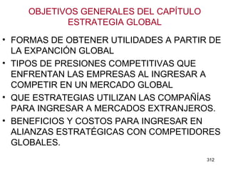 OBJETIVOS GENERALES DEL CAPÍTULO ESTRATEGIA GLOBAL FORMAS DE OBTENER UTILIDADES A PARTIR DE LA EXPANCIÓN GLOBAL TIPOS DE PRESIONES COMPETITIVAS QUE ENFRENTAN LAS EMPRESAS AL INGRESAR A COMPETIR EN UN MERCADO GLOBAL QUE ESTRATEGIAS UTILIZAN LAS COMPAÑÍAS PARA INGRESAR A MERCADOS EXTRANJEROS. BENEFICIOS Y COSTOS PARA INGRESAR EN ALIANZAS ESTRATÉGICAS CON COMPETIDORES GLOBALES. 