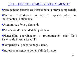 ¿POR QUÉ INTEGRARSE VERTICALMENTE? Para generar barreras de ingreso para la nueva competencia Facilitar inversiones en activos especializados que incrementen la eficiencia Asegurarse oferta y demanda Protección de la calidad del producto Planeación, coordinación y programación más fácil: Sistema de inventarios (JIT) Compensar el poder de negociación. Ingreso a un negocio de rentabilidad mayor. 