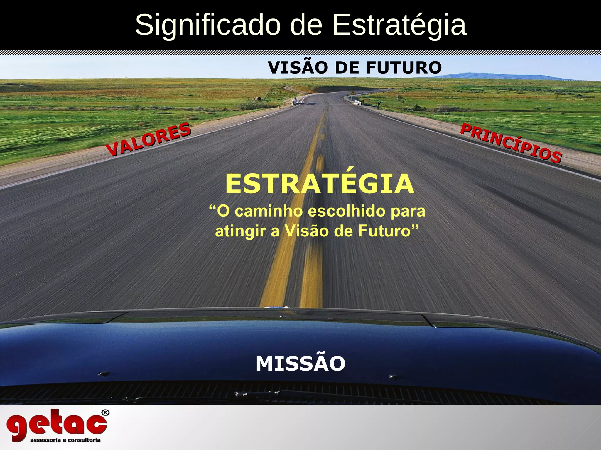 MISSÃO VISÃO DE FUTURO ESTRATÉGIA VALORES PRINCÍPIOS Significado de Estratégia “ O caminho escolhido para atingir a Visão de Futuro” 