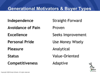 Generational Motivators & Buyer Types Independence Straight-Forward Avoidance of Pain Proven Excellence Seeks Improvement Personal Pride Use Money Wisely Pleasure Analytical Status Value-Oriented Competitiveness   Adaptive 