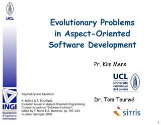 Evolutionary Problems
                     in Aspect-Oriented
                    Software Development

                                                   Pr. Kim Mens




Inspired by and based on:

                                                   Dr. Tom Tourwé
K. MENS & T. TOURWE.
Evolution Issues in Aspect-Oriented Programming.
Chapter in book on quot;Software Evolutionquot;,
edited by T. Mens & S. Demeyer, pp. 197–224.
In press. Springer, 2008.

                                                                    1
 