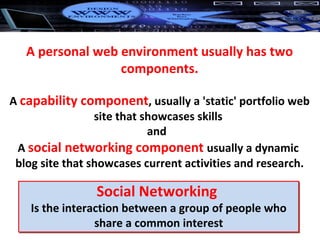 A personal web environment usually has two components.   A  capability component , usually a 'static' portfolio web site that showcases skills  and  A  social networking component  usually a dynamic  blog site that showcases current activities and research. Social Networking  Is the interaction between a group of people who share a common interest 