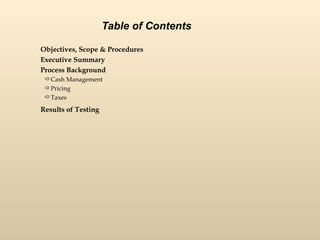 Objectives, Scope & Procedures Executive Summary Process Background Cash Management Pricing Taxes Results of Testing Table of Contents 