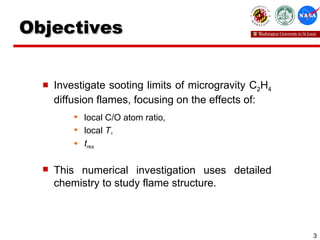 Objectives Investigate sooting limits of microgravity C 2 H 4  diffusion flames, focusing on the effects of: local C/O atom ratio,  local  T ,  t res This numerical investigation uses detailed chemistry to study flame structure. 