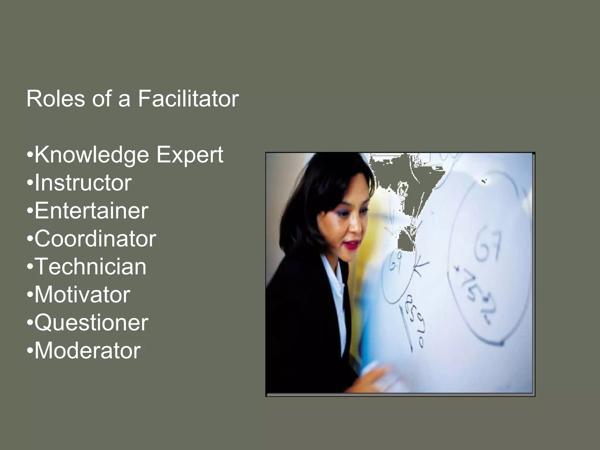 Roles of a Facilitator • Knowledge Expert • Instructor • Entertainer • Coordinator • Technician • Motivator • Questioner • Moderator 