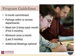 6 month commitment  Pairings within or across departments Meet min 2 times each month (First 3 months) Minimum once a month  (Last 3 months) Additional Meetings optional Program Guidelines 