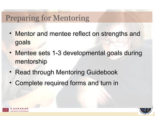 Mentor and mentee reflect on strengths and goals  Mentee sets 1-3 developmental goals during mentorship Read through Mentoring Guidebook Complete required forms and turn in Preparing for Mentoring 