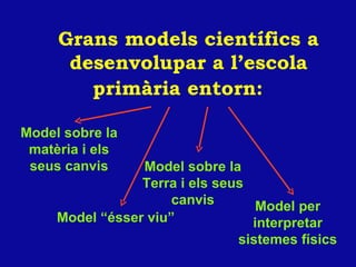 Grans models científics a desenvolupar a l’escola primària entorn:   Model “ésser viu” Model sobre la Terra i els seus canvis Model per interpretar sistemes f ísics Model sobre la mat èria i els seus canvis 