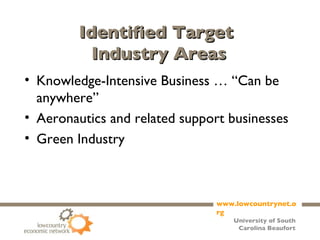 Identified Target  Industry Areas Knowledge-Intensive Business … “Can be anywhere” Aeronautics and related support businesses Green Industry 