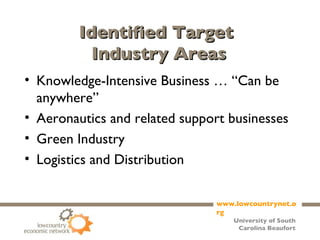 Identified Target  Industry Areas Knowledge-Intensive Business … “Can be anywhere” Aeronautics and related support businesses Green Industry Logistics and Distribution 
