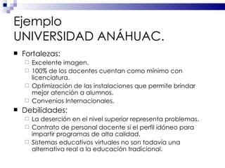 Fortalezas: Excelente imagen. 100% de los docentes cuentan como mínimo con licenciatura. Optimización de las instalaciones que permite brindar mejor atención a alumnos. Convenios Internacionales. Debilidades: La deserción en el nivel superior representa problemas. Contrato de personal docente si el perfil idóneo para impartir programas de alta calidad. Sistemas educativos virtuales no son todavía una alternativa real a la educación tradicional. Ejemplo  UNIVERSIDAD ANÁHUAC. 
