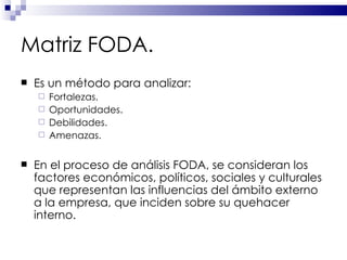 Matriz FODA. Es un método para analizar: Fortalezas. Oportunidades. Debilidades. Amenazas. En el proceso de análisis FODA, se consideran los factores económicos, políticos, sociales y culturales que representan las influencias del ámbito externo a la empresa, que inciden sobre su quehacer interno. 