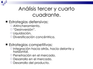 Análisis tercer y cuarto cuadrante. Estrategias defensivas: Atrincheramiento. “ Desinversión”. Liquidación. Diversificación concéntrica. Estrategias competitivas: Integración hacia atrás, hacia delante y horizontal. Penetración en el mercado. Desarrollo en el mercado. Desarrollo del producto. 