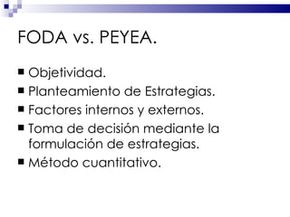FODA vs. PEYEA. Objetividad. Planteamiento de Estrategias. Factores internos y externos. Toma de decisión mediante la formulación de estrategias. Método cuantitativo. 
