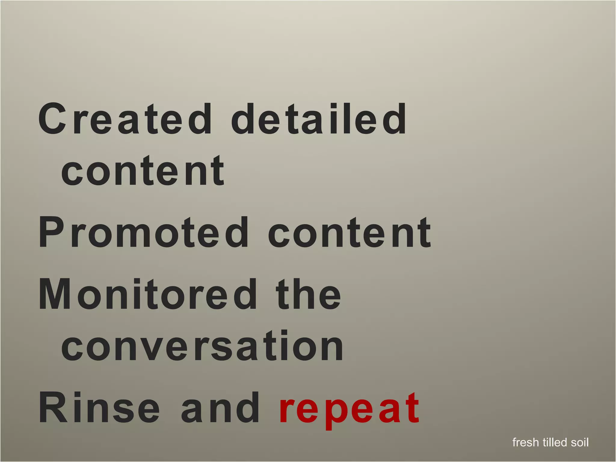 Created detailed content Promoted content  Monitored the conversation Rinse and  repeat 