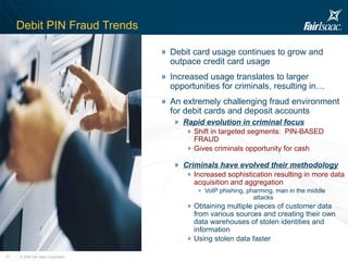Debit PIN Fraud Trends Debit card usage continues to grow and outpace credit card usage Increased usage translates to larger opportunities for criminals, resulting in… An extremely challenging fraud environment for debit cards and deposit accounts  Rapid evolution in criminal focus Shift in targeted segments:  PIN-BASED FRAUD Gives criminals opportunity for cash  Criminals have evolved their methodology Increased sophistication resulting in more data acquisition and aggregation  VoIP phishing, pharming, man in the middle  attacks Obtaining multiple pieces of customer data from various sources and creating their own data warehouses of stolen identities and information  Using stolen data faster   