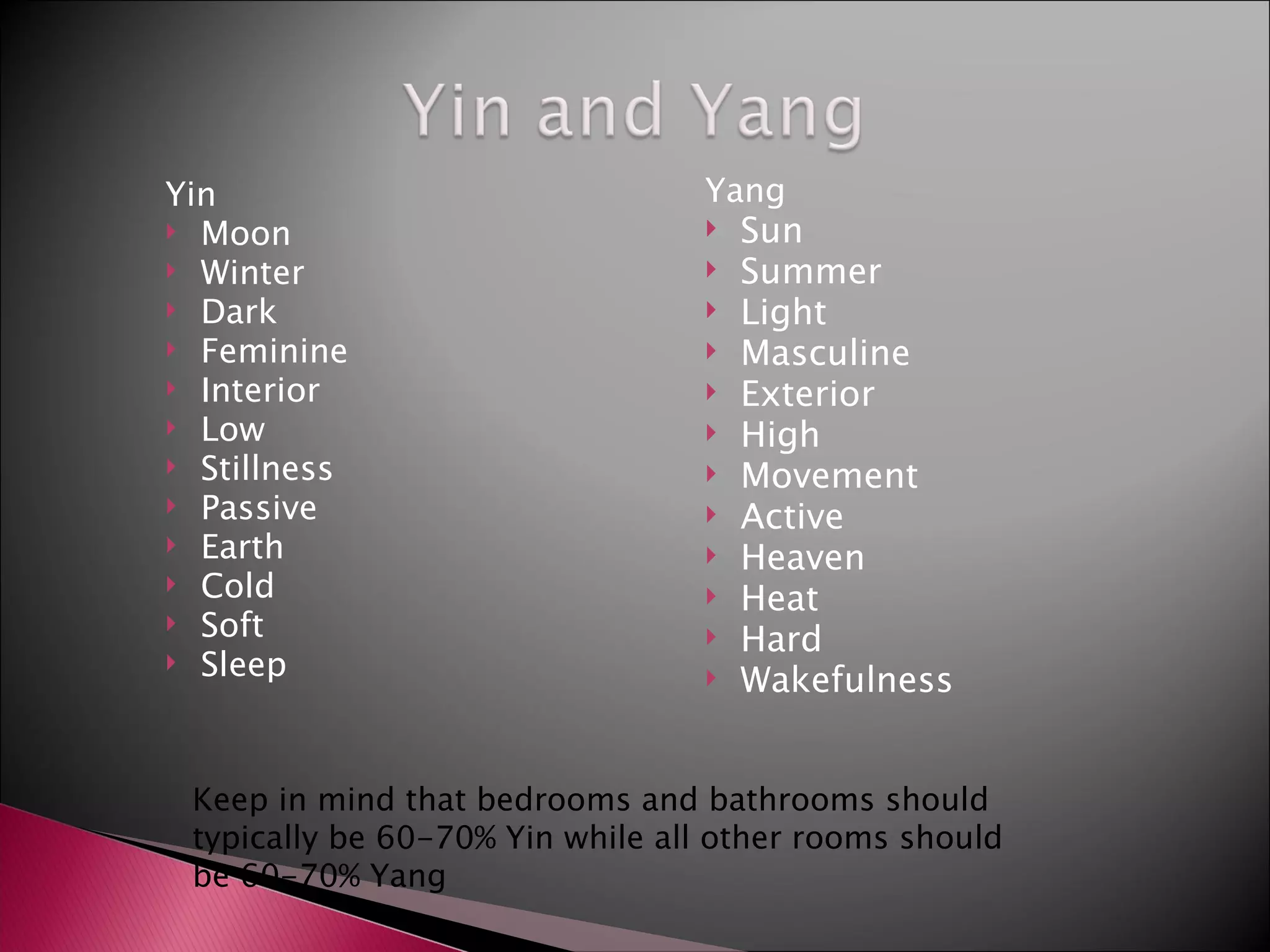 Yin Moon Winter Dark Feminine Interior Low Stillness Passive Earth Cold Soft Sleep Yang Sun Summer Light Masculine Exterior High Movement Active Heaven Heat Hard Wakefulness Keep in mind that bedrooms and bathrooms should typically be 60-70% Yin while all other rooms should be 60-70% Yang 
