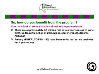 So, how do you benefit from the program? Now Let’s look at some statistics of real estate professionals: There are approximately 3.6 million real estate licensees as of June 2007, up from 2.6 million in 2005 (28 percent increase). (Source: ARELLO Among all REALTORS®, 15% have been in the real estate business for 1 year or less.  