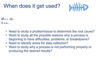 When does it get used?
Do e s the
te am . . .
• Need to study a problem/issue to determine the root cause?
• Want to study all the possible reasons why a process is
beginning to have difficulties, problems, or breakdowns?
• Need to identify areas for data collection?
• Want to study why a process is not performing properly or
producing the desired results?
 