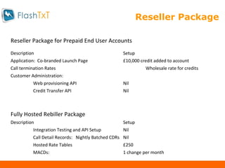 Reseller Package Reseller Package for Prepaid End User Accounts Description Setup Application:  Co-branded Launch Page £10,000 credit added to account Call termination Rates Wholesale rate for credits Customer Administration: Web provisioning API Nil Credit Transfer API Nil Fully Hosted Rebiller Package Description Setup Integration Testing and API Setup  Nil Call Detail Records:  Nightly Batched CDRs Nil Hosted Rate Tables £250 MACDs: 1 change per month 
