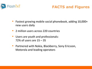 FACTS and Figures Fastest growing mobile social phonebook, adding 10,000+ new users daily 2 million users across 220 countries Users are youth and professionals:  72% of users are 15 – 35 Partnered with Nokia, Blackberry, Sony Ericsson, Motorola and leading operators 