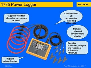 Supplied with four phase for currents up to 3000A  Complete with all accessories including carry case Rugged rubber holster One step download, analysis and reporting software – PowerLog Includes universal power supply adapter 1735 Power Logger 