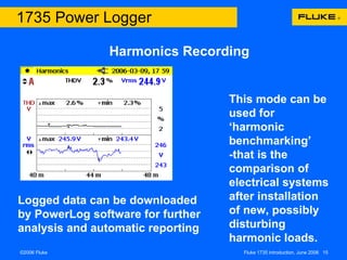 Harmonics Recording 1735 Power Logger Record harmonics over time to view trends - Record harmonics over time to view trends -  programmable recording times from 2 hours to 45 days Trend is drawn graphically on screen for quick evaluation and long term analysis After some time the graph moves along the window and a ‘slice’ of the recording is visible on  the display.  The width of the ‘slice is dependant on the average time selected This mode can be used for ‘harmonic benchmarking’ -that is the comparison of electrical systems after installation of new, possibly disturbing harmonic loads. Logged data can be downloaded by PowerLog software for further analysis and automatic reporting  