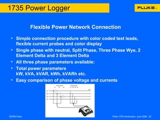 Flexible Power Network Connection   　　   Simple connection procedure  with color coded test leads, flexible current probes and color display Single phase with neutral, Split Phase, Three Phase Wye, 2 Element Delta and 3 Element Delta All three phase parameters available: Total power parameters kW, kVA, kVAR, kWh, kVARh etc. Easy comparison of phase voltage and currents 1735 Power Logger 
