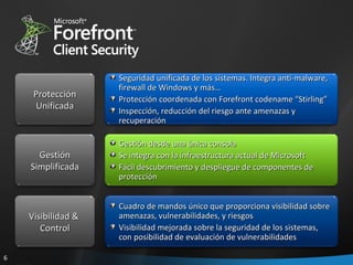 Seguridad unificada de los sistemas. Integra anti-malware, firewall de Windows y más… Protección coordenada con Forefront codename “Stirling” Inspección, reducción del riesgo ante amenazas y recuperación Gestión desde una única consola Se integra con la infraestructura actual de Microsoft Fácil descubrimiento y despliegue de componentes de protección Cuadro de mandos único que proporciona visibilidad sobre amenazas, vulnerabilidades, y riesgos Visibilidad mejorada sobre la seguridad de los sistemas,  con posibilidad de evaluación de vulnerabilidades Protección Unificada Gestión Simplificada Visibilidad &  Control 